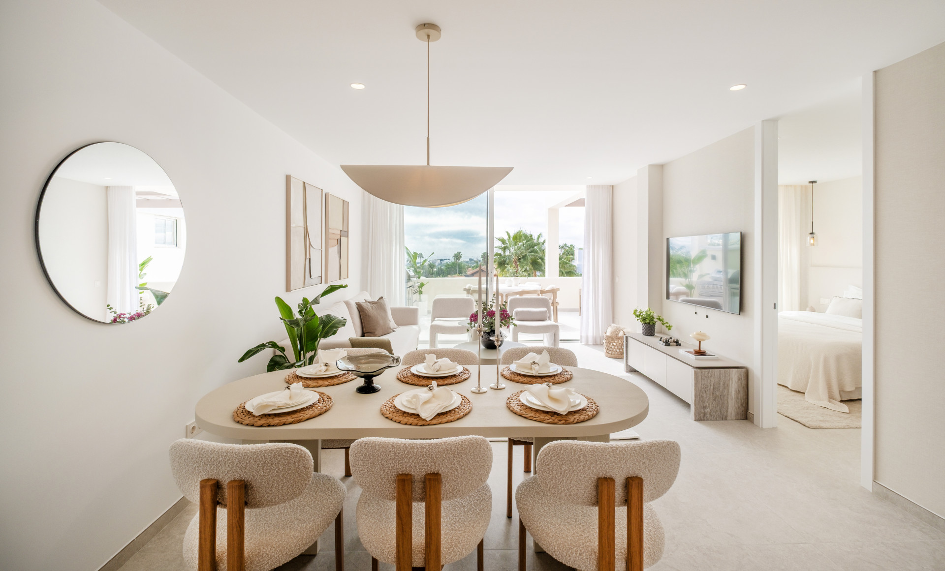 Dining area with pendant lights and terrace views — Renovated Apartment, Nueva Andalucía