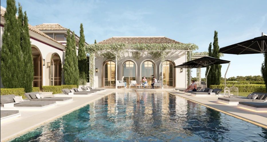 Pool terrace and facade of the planned villa, designed by Tobal Architects — La Cerquilla 41, Nueva Andalucía