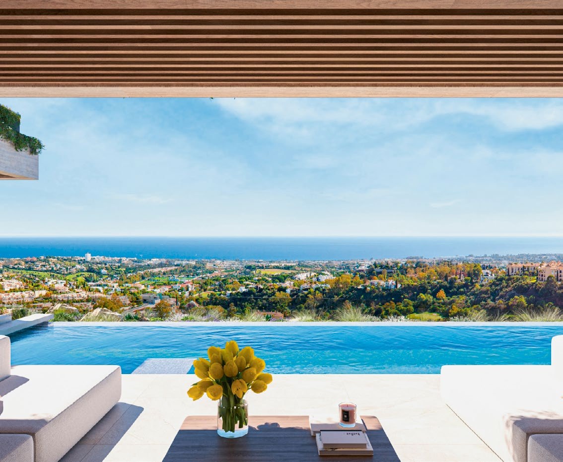 Architectural rendering of panoramic sea views from the villa terrace — The Sky Marbella, La Quinta