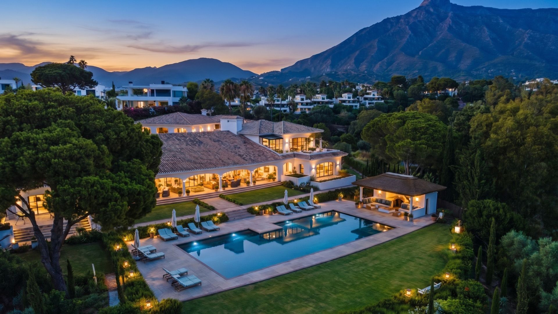 Villa La Gratitud illuminated at dusk with La Concha mountain behind — Golden Mile
