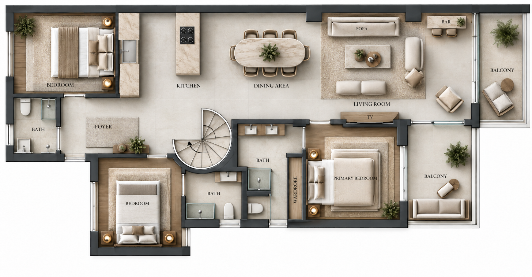 Living level floor plan with three bedrooms, three bathrooms and balconies — Luxury Duplex Penthouse in Nueva Andalucía, Nueva Andalucía