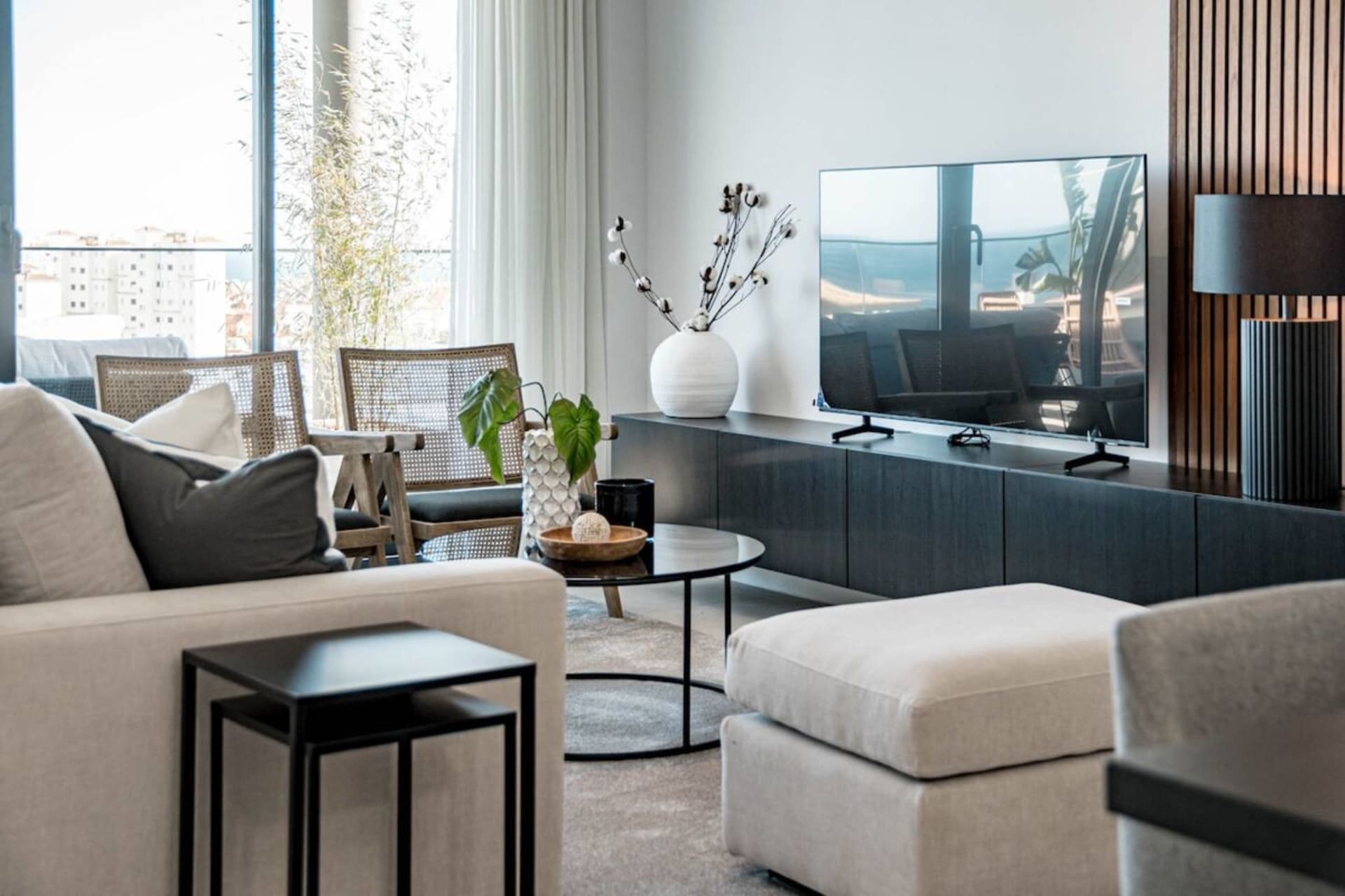 Living room with television and sea-view balcony — Spacious Luxury Family Home, Estepona