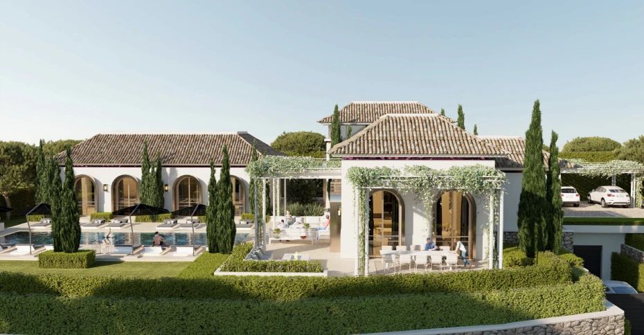 Garden and pool view of the planned villa on its corner plot — La Cerquilla 41, Nueva Andalucía