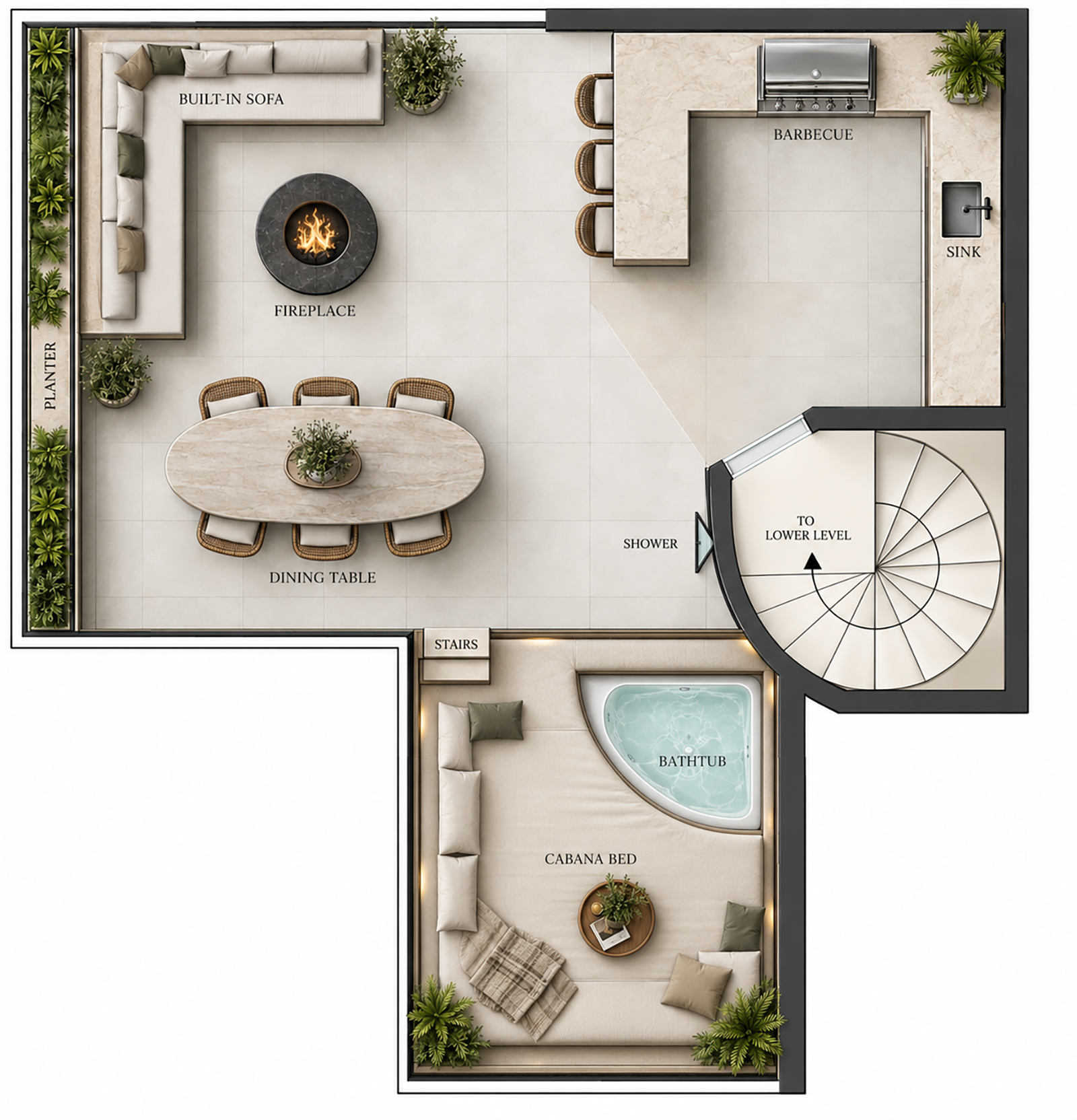 Rooftop terrace floor plan with dining, barbecue, lounge, cabana and bathtub — Luxury Duplex Penthouse in Nueva Andalucía, Nueva Andalucía