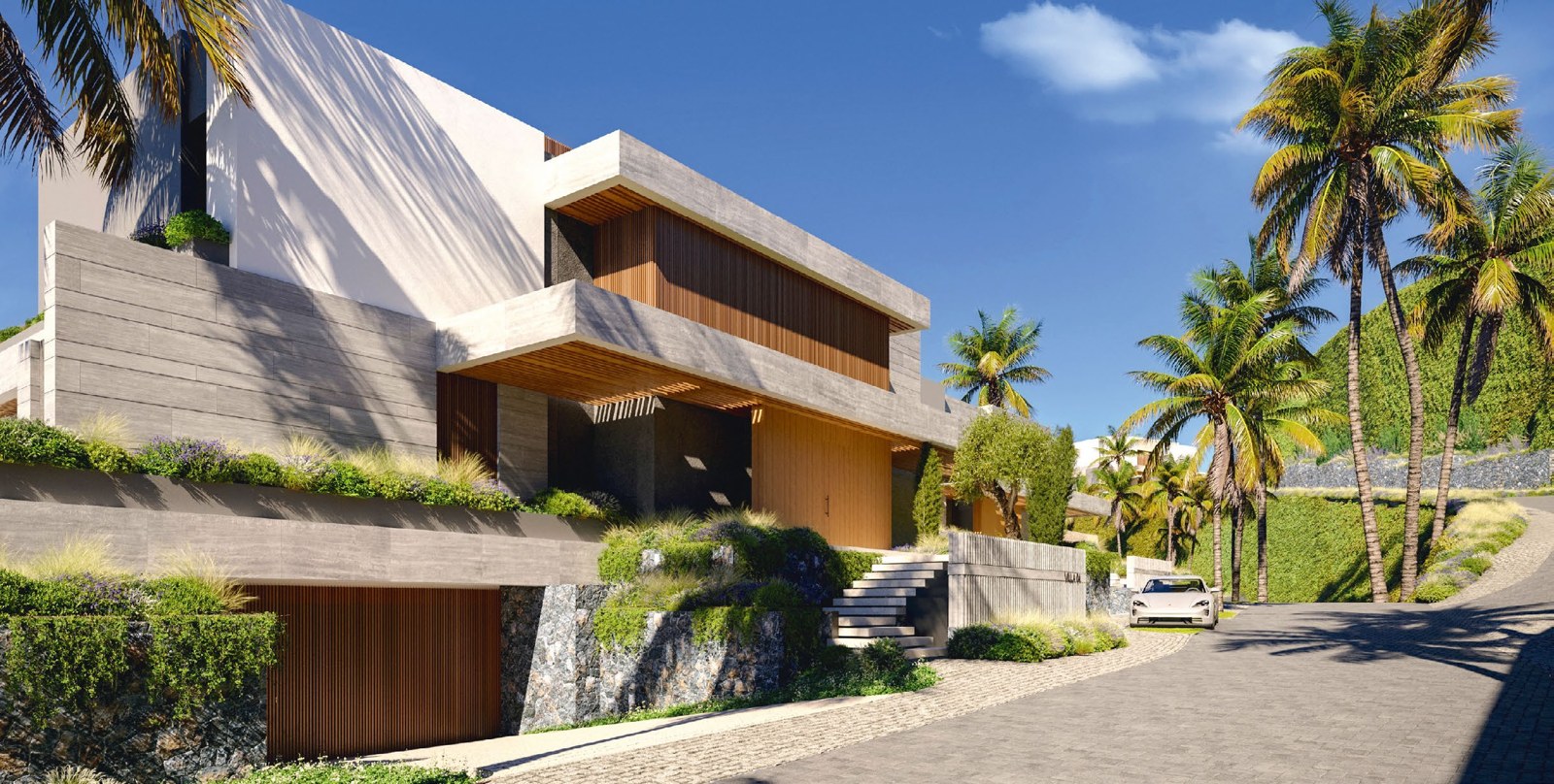 Architectural rendering of villa entrance and planted facade — The Sky Marbella, La Quinta